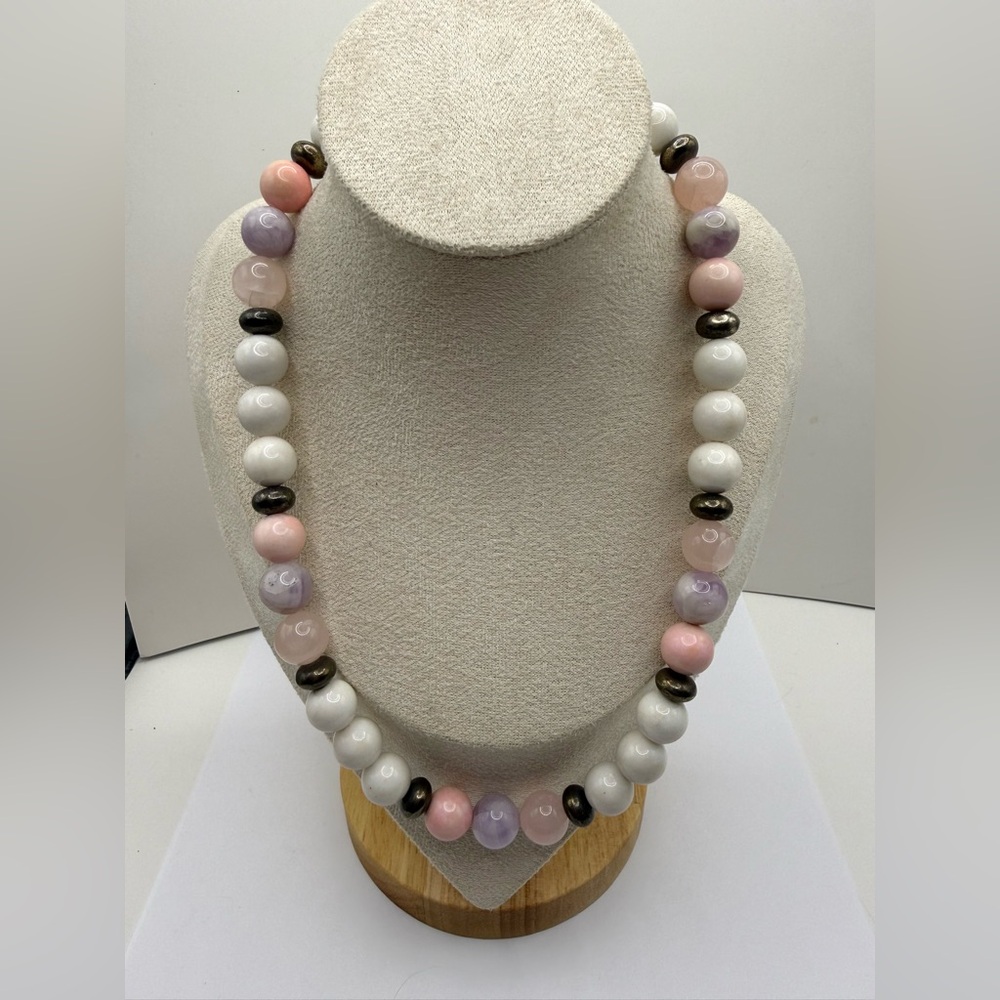 19” Natural Stone Beaded Necklace Rose Quartz Amethyst White Jade Chunky